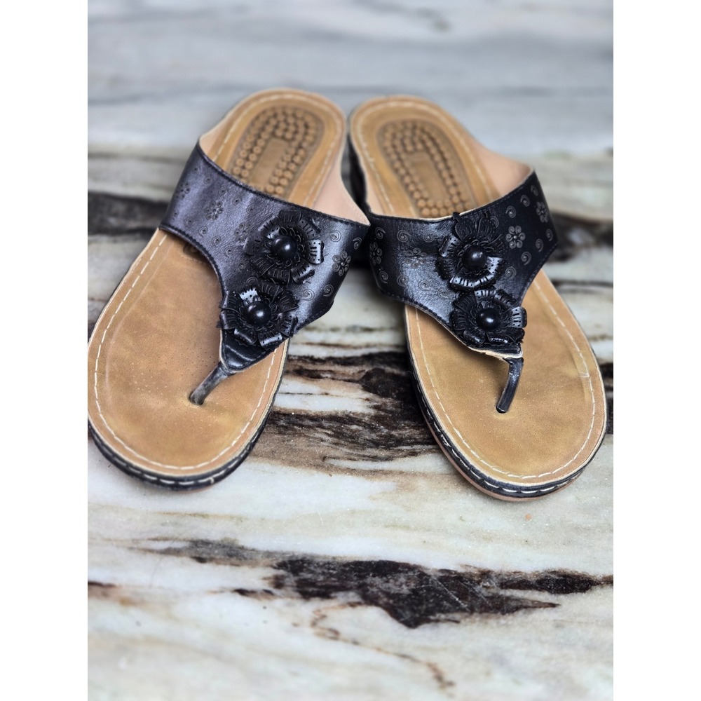 Black Floral Applique Thong‎ Sandals Low Wedge Comfort Slide EU 41 US 10